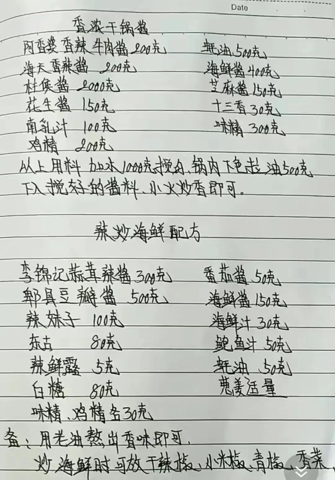 老师傅的10种手写餐饮配方,字迹工整一看就懂,先收藏